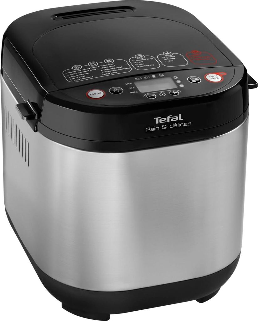 A close-up, slightly angled view of a Tefal bread maker on a white background.