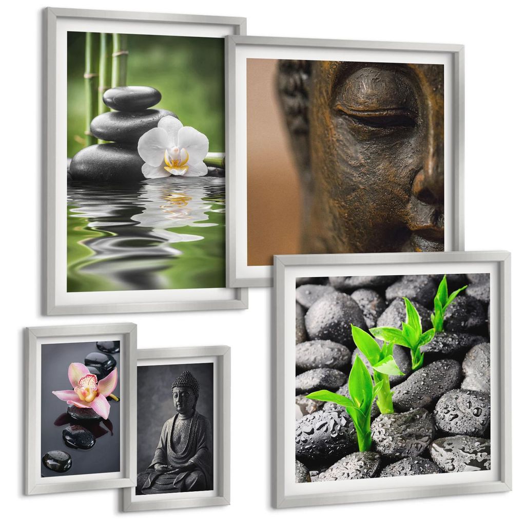 Bilder Set 5-teilig im silbergerahmten Rahmen – Wandbilder 5 Stück – gerahmte Poster für Wohnzimmer, Schlafzimmer und Flur – 50x50 cm - 40x...