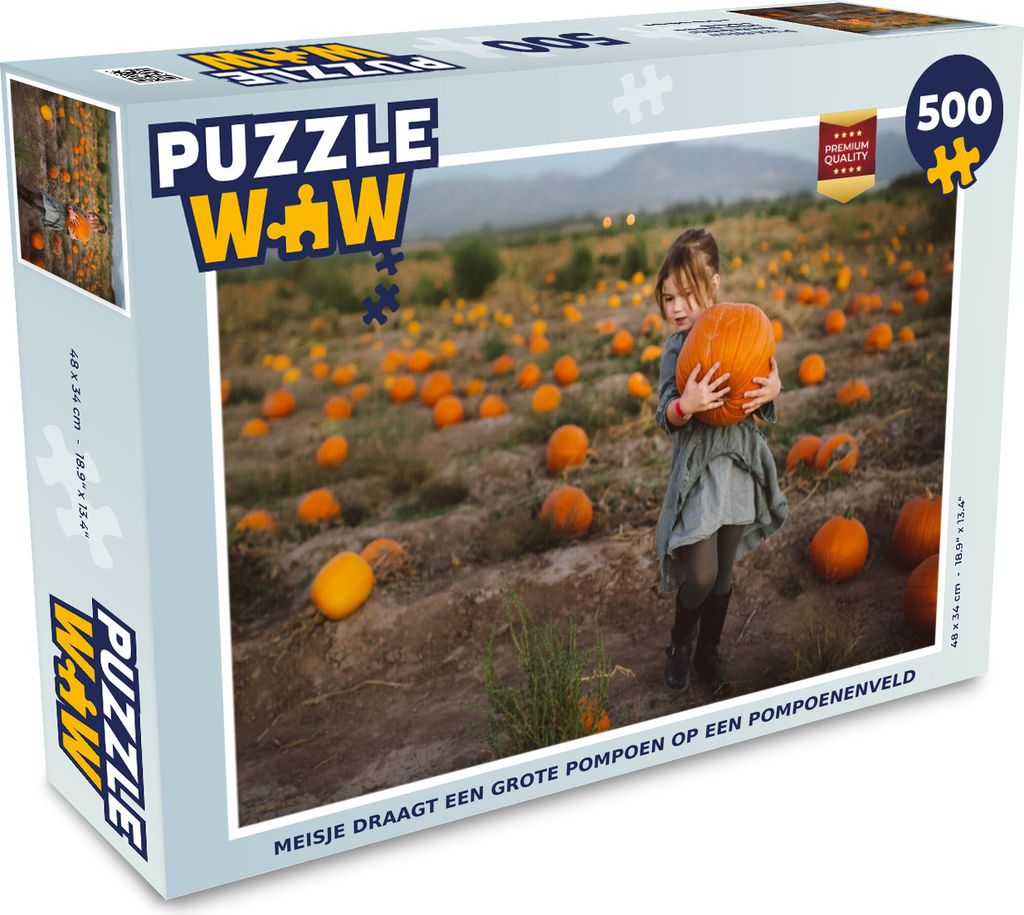 MuchoWow Puzzle 500 Teile Mädchen trägt einen großen Kürbis in einem Kürbisfeld - 500 Teile - Kinder - Selberbauen - Puzzlespiele