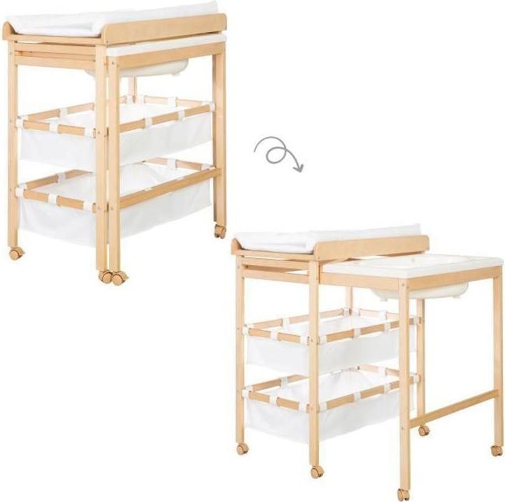Wickeltisch mit Badewanne ROBA Baby Pool, Ausziehbar, Inklusive Wickelauflage Roba Style Weiß, Naturholz, 100x83x56 cm
