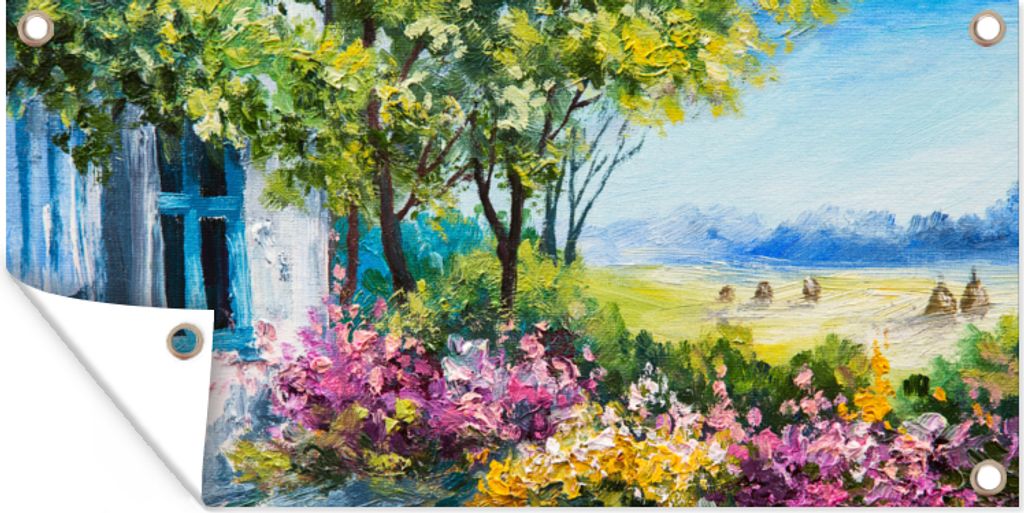 MuchoWow 80x40 cm Outdoor-Poster Gartendeko Sichtschutz Garten Poster für den Garten Malerei - Pflanzen - Blumen - Haus - Öl