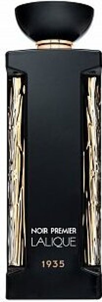 A black perfume bottle with gold accents and text.