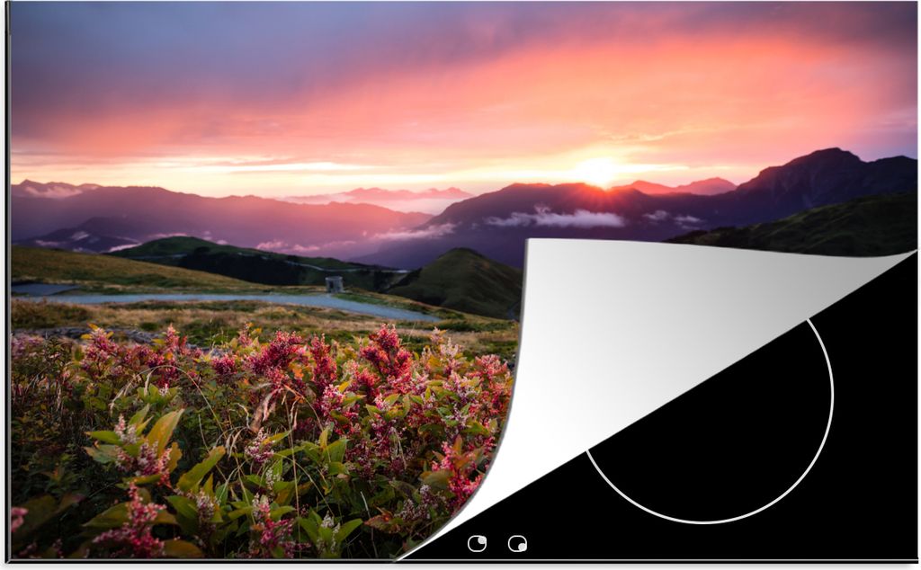 KitchenYeah Herdabdeckplatte Blumen - Berge - Landschaft - Nacht - Himmel - Rosa , 80x52cm, Küche Deko, Glaskeramikfeld Herdabdeckung, Abdeckpla...