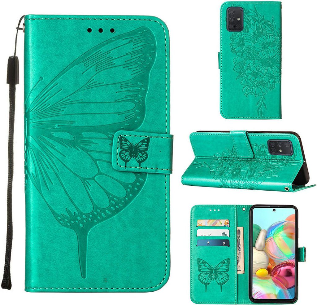 Galaxy A71 Hülle, Schmetterling Prägung Flip Leder Kartenfächer Schutzhülle Ledertasche mit Ständer für Samsung Galaxy A71 Grün