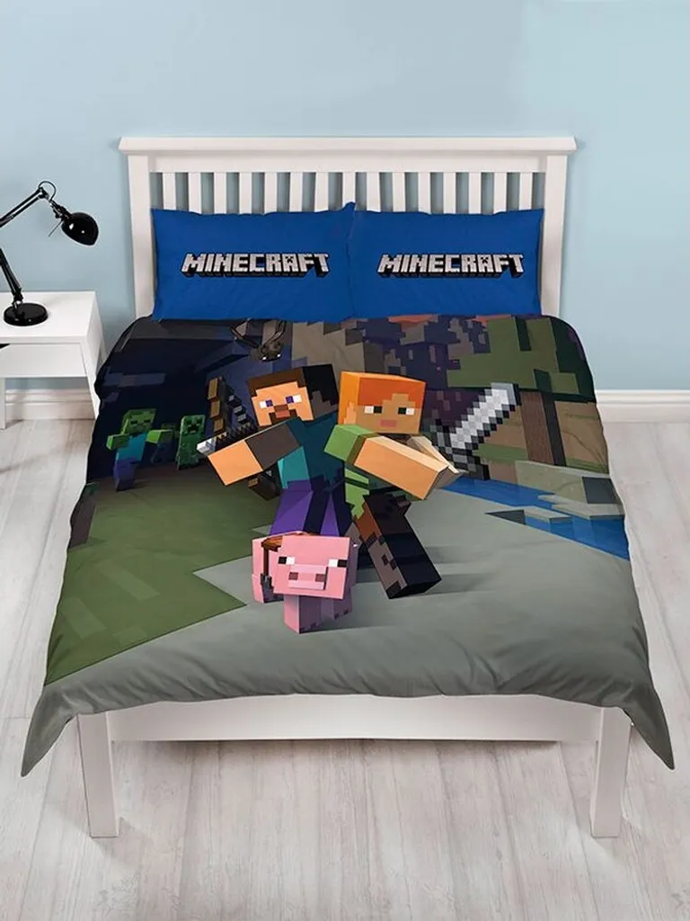 Parure Minecraft Lit Double pour Décorer une Chambre de Gamer en Bleu