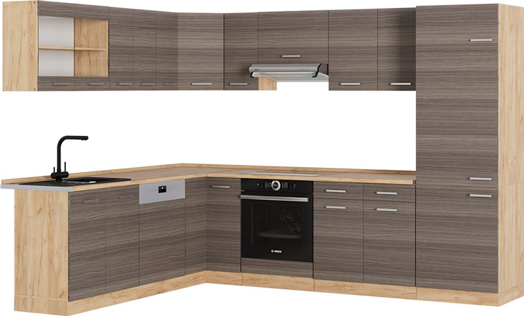 Eckküche Vicco R-Line Edelgrau/Goldkraft Eiche 287 x 60 cm , AP Eiche, Model 53527