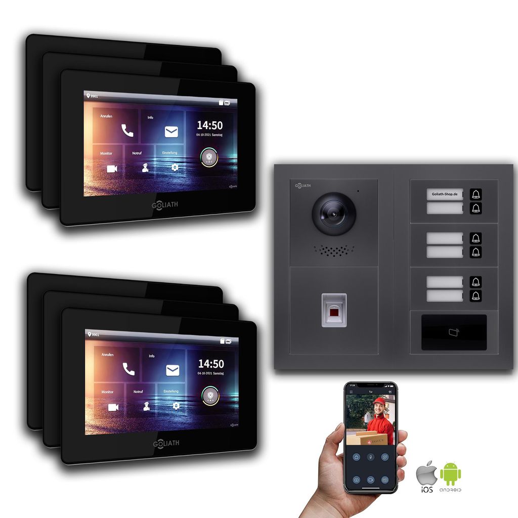 Goliath IP Video Türsprechanlage: 7-Zoll 6 Familienhaus, Fingerprint, RFID, Anthrazit : 7 Zoll Schwarz : Aufputz Dose Monitor Farbe: 7 Zoll Schwar...