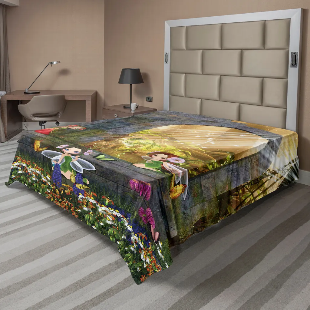 Drap de Dessus Décoratif pour Lit Double avec Motif Fées et Papillons
