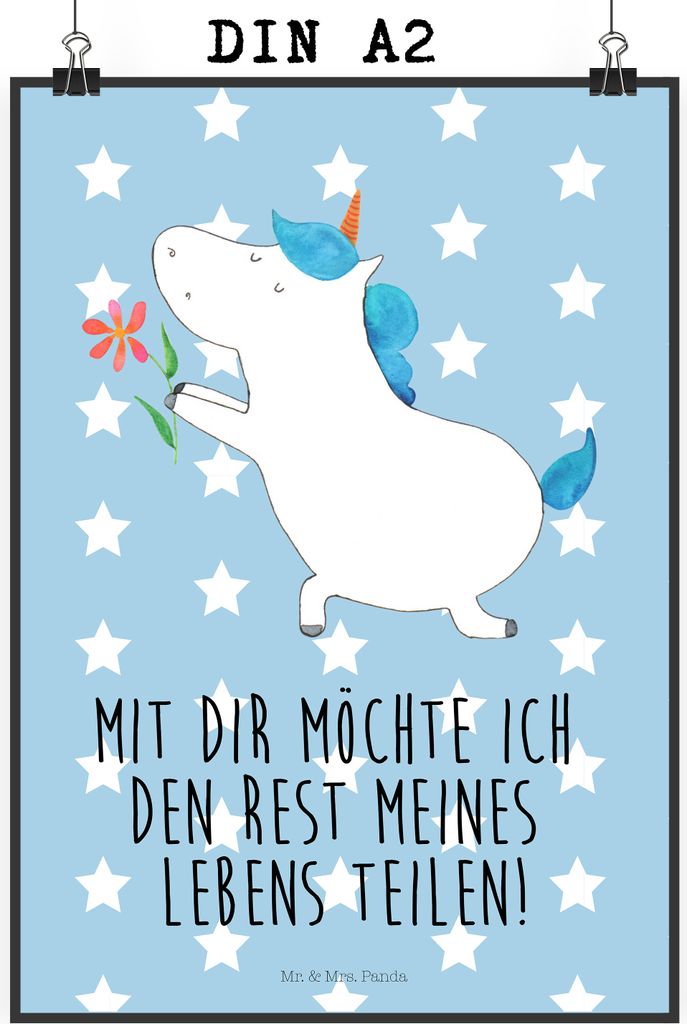 Mr. & Mrs. Panda Bild Einhorn Blume DIN A2 - Blau Pastell - Geschenk, Wanddeko, drucke, Einhörner, Unicorn, Partner, Wandbild, Ehe, Liebe, Posterd...