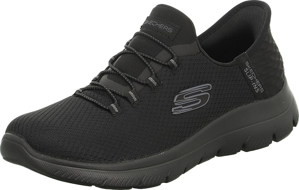 A black Skechers slip-on shoe is shown from a side angle against a white background.