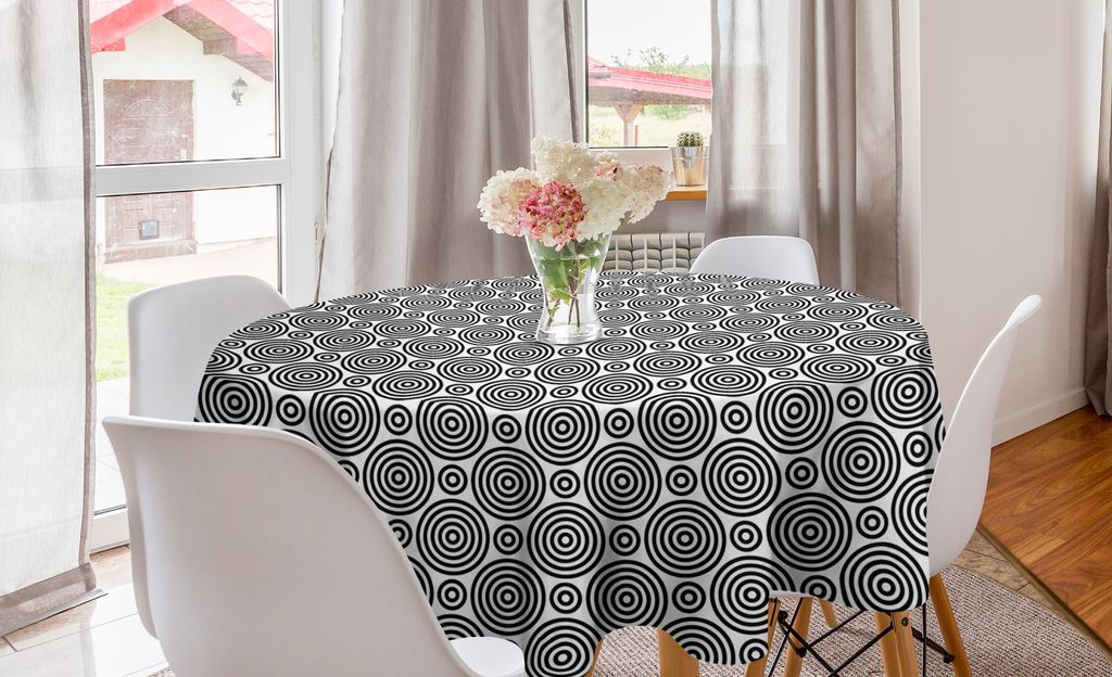 ABAKUHAUS Kreise Runde Tischdecke, Symmetrie und Rhythmus, Kreis Tischdecke Abdeckung für Esszimmer Küche Dekoration, 150 cm, Schwarz und weiß