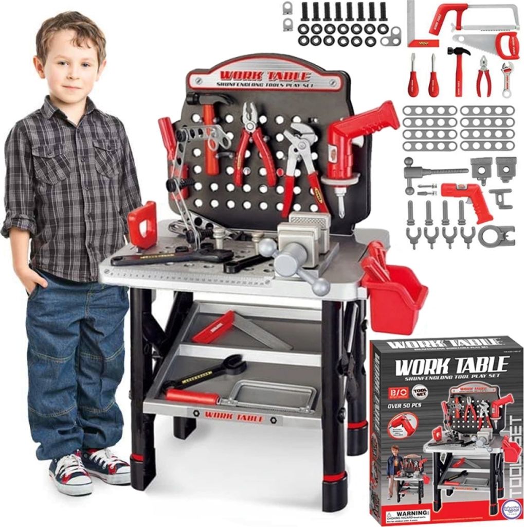 WOOPIE Große Werkstatt mit Werkzeugen für Kinder DIY Set Bohrsäge Hammer 50 tlg.