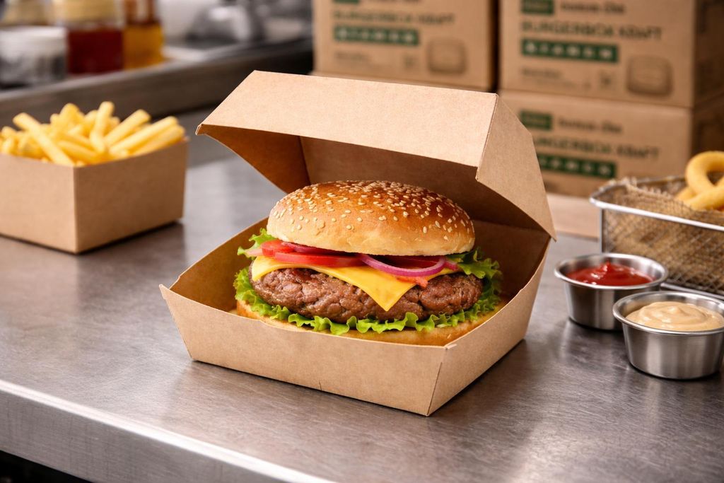 RyanPack Burgerbox Kraft 12,5×12,5×8 cm – fettbeständig & Produktbild 