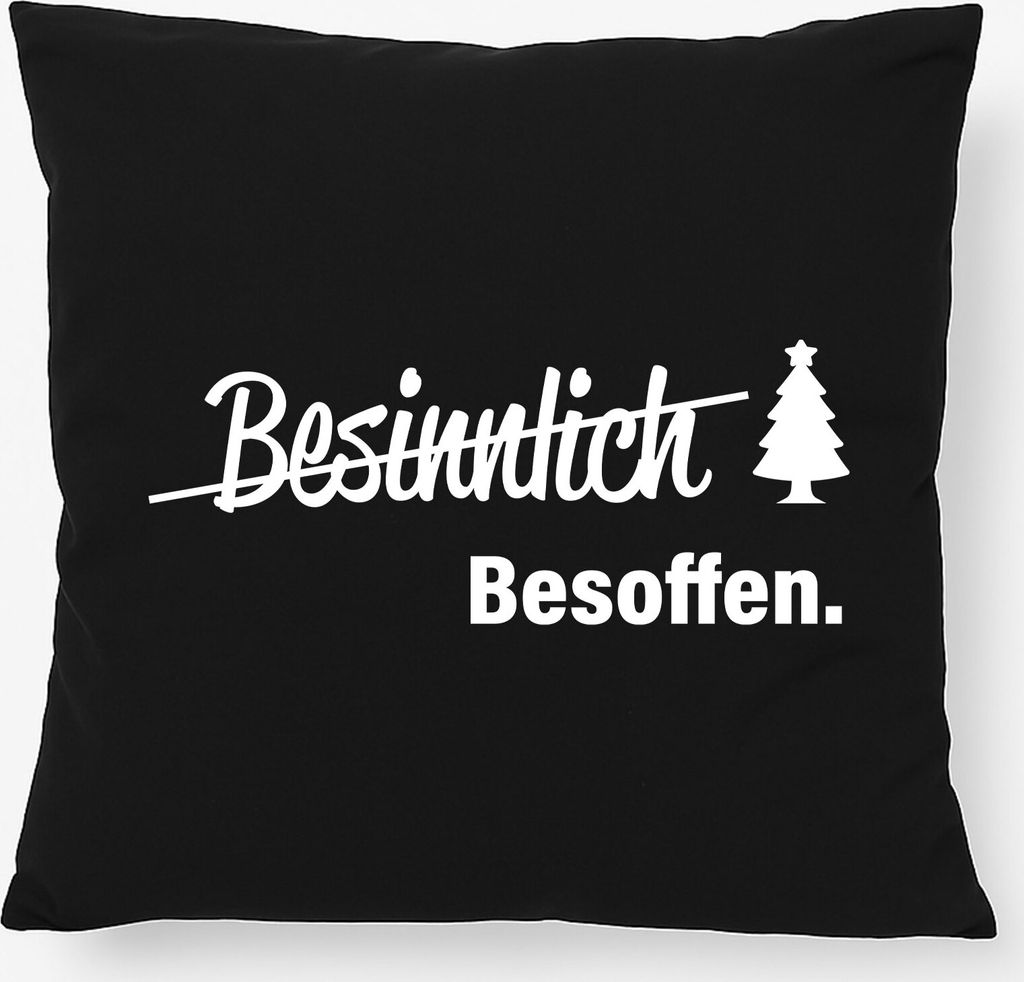 Huuraa Kissen Besinnlich Besoffen Tannenbaum 40x40cm mit Füllung Black Baumwolle Dekokissen Geschenkidee