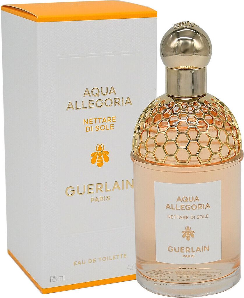 A bottle of Guerlain Aqua Allegoria Nettare Di Sole Eau de Toilette and its packaging are displayed against a white background.