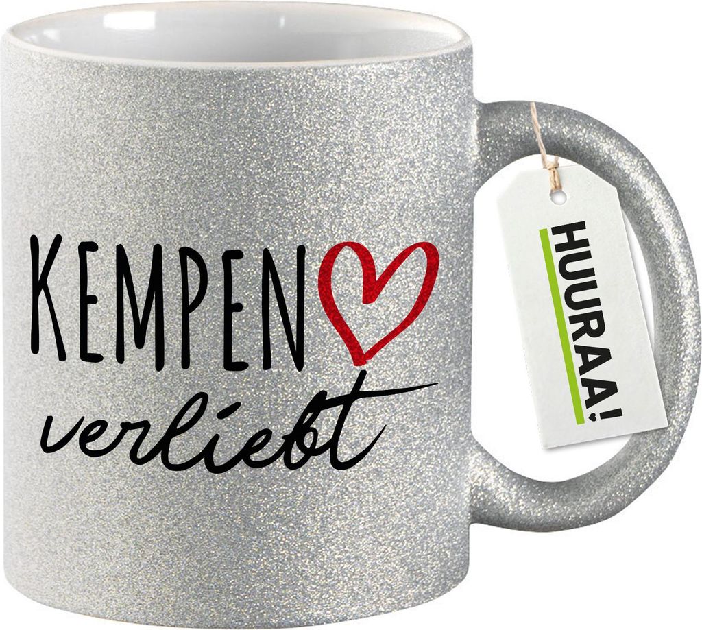 Huuraa Glitzertasse Kempen verliebt 330ml Silber Keramik Kaffeebecher Geschenkidee