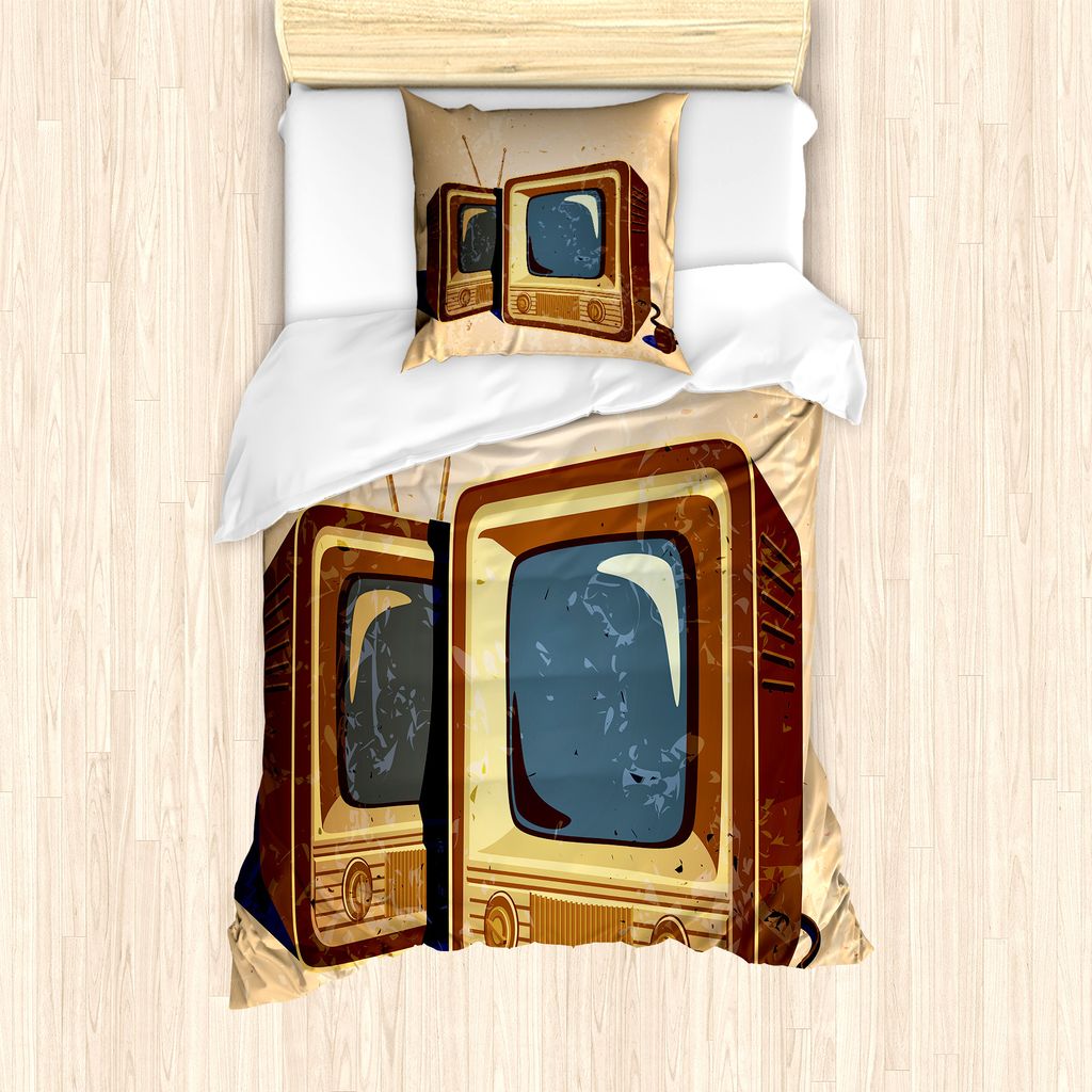 ABAKUHAUS Alte Schule Bettbezug Set für Einzelbetten, nostalgische Fernseher, Milbensicher Allergiker geeignet mit Kissenbezug, 135 cm x 200 cm - ...