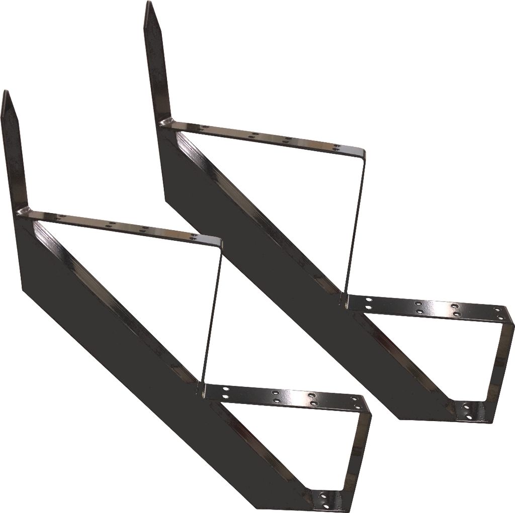 Two black metal stair stringers are shown against a white background.