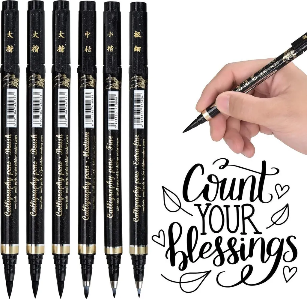 Set de 6 Stylos Feutres Calligraphie Rechargeables à Pointe Souple Noire