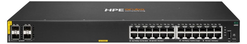HPE Aruba Networking CX 6000 24p 10M/100M/1G Class4 PoE 4p SFP 1G 370W Switch, Managed, L3, Gigabit Ethernet (10/100/1000), Power over Ethernet (Po...