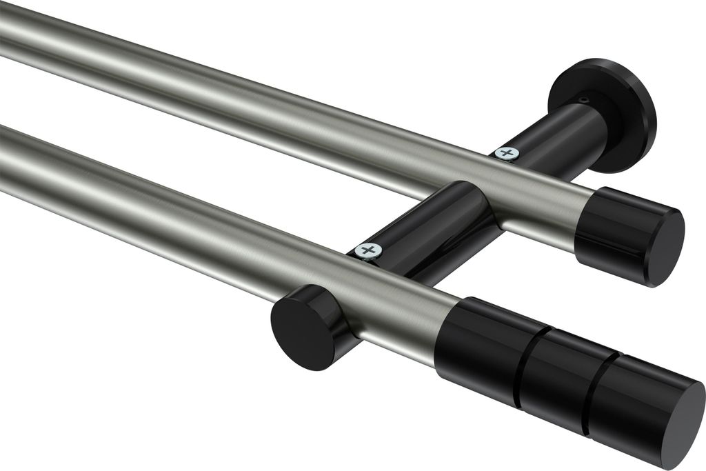 Interdeco Gardinenstange / Vorhangstange Edelstahl-Optik / Schwarz, Typ Platon Elanto (Rillenzylinder) ohne Ringe, 20 mm Ø 2-läufig, 320 cm