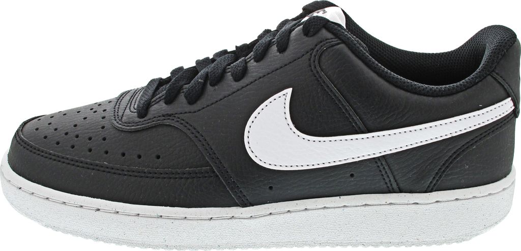 A side view of a black Nike Court Vision Low sneaker with a white Nike swoosh.