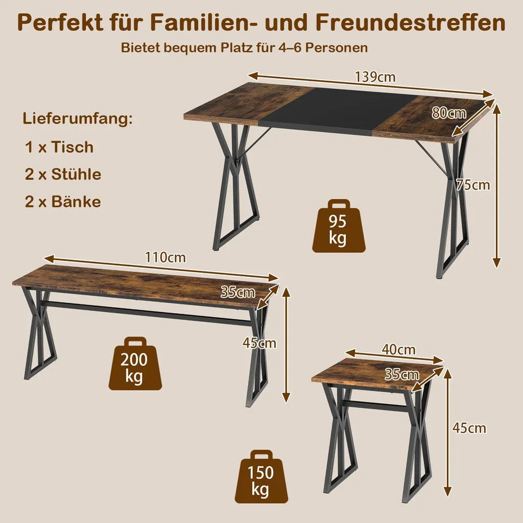 Ensemble Table à Manger Industrielle avec 2 Bancs et 2 Chaises Set de 5 - 3
