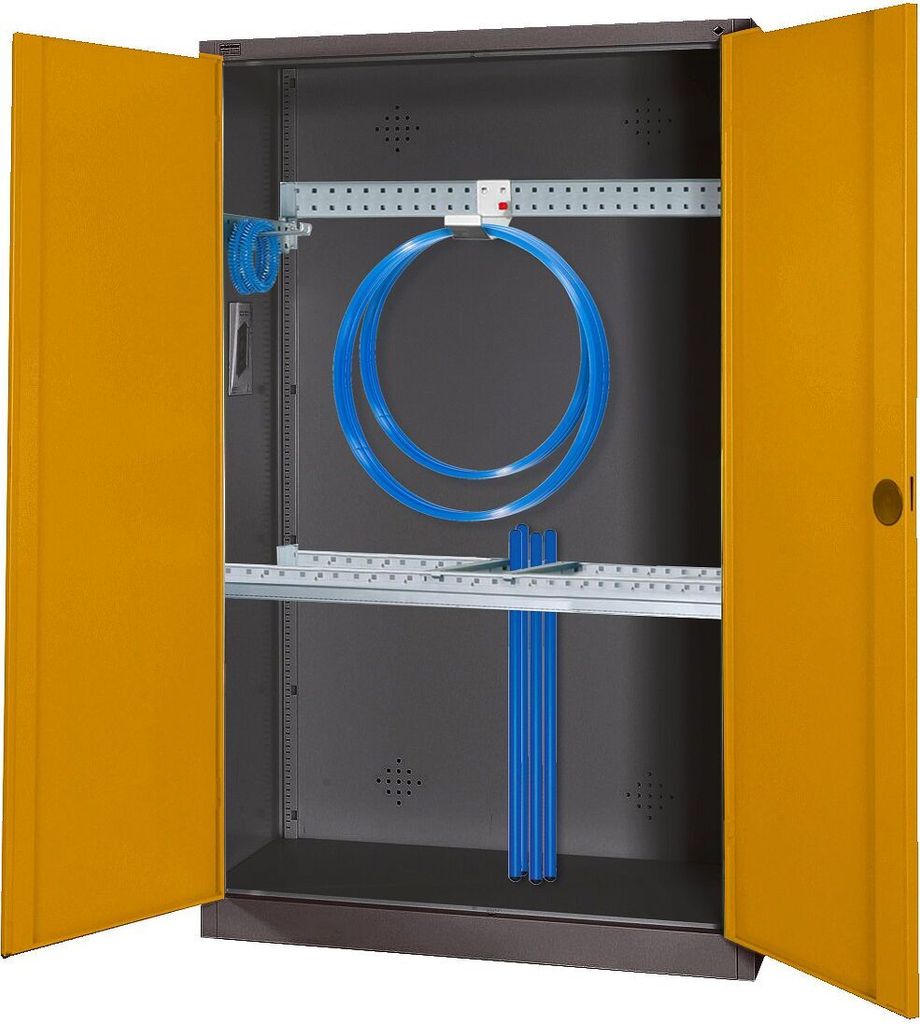 C+P Modul-Sportgeräteschrank "Grundausstattung" mit Vollblech-Flügeltüren, HxBxT 195x120x50 cm, Ergo-Lock Muldengriff, Goldgelb (RAL 1004), Anth...