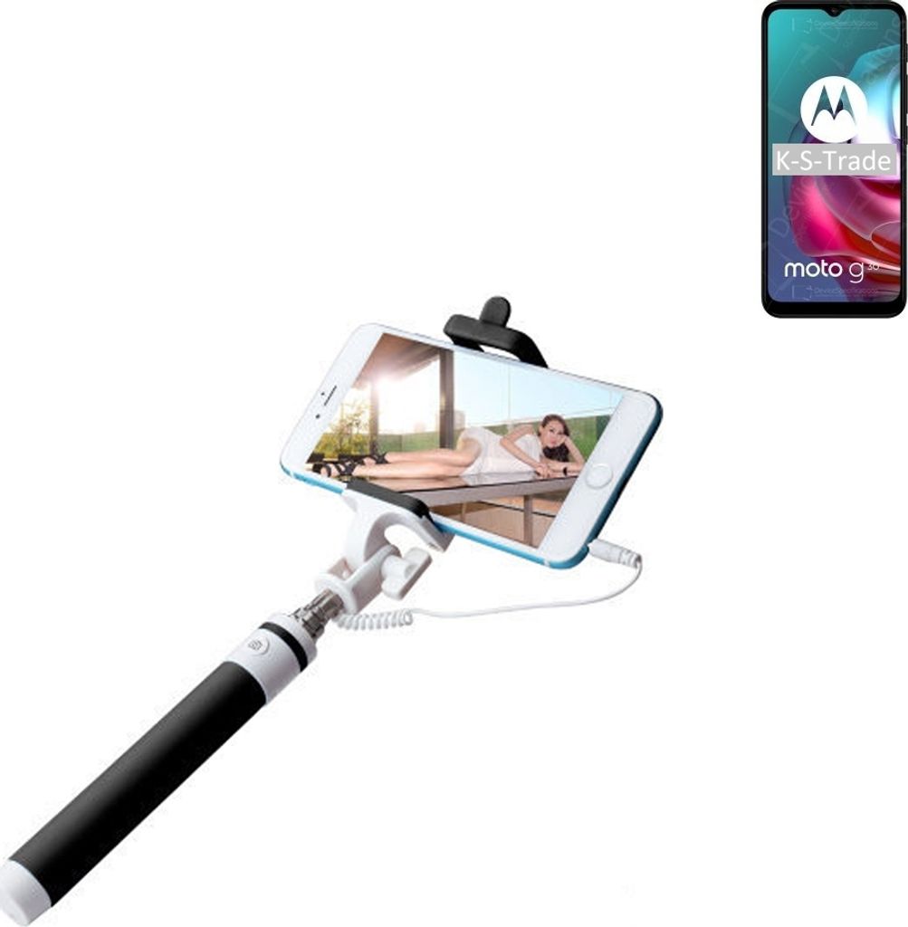 K-S-Trade Selfie Stick kompatibel mit Motorola Moto G30 Selfiestick kabelgebunden Monopod mit Kabel Stab Stange Selfportrait Handheldstick schwarz 1x