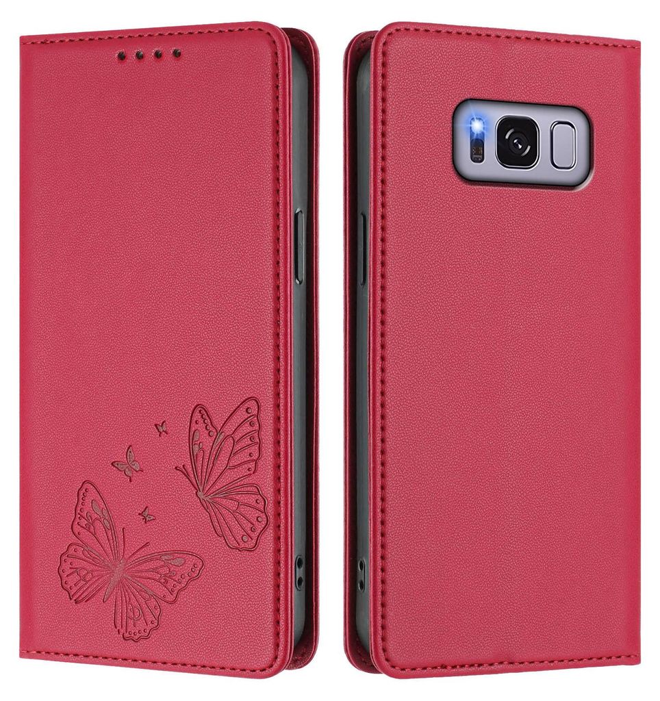 Lederhülle für Samsung Galaxy S8, Schmetterling Prägung Leder Brieftasche Schutzhülle mit Ständer Rot