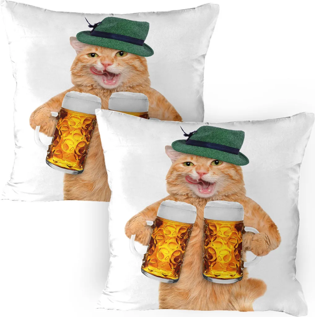 ABAKUHAUS Federa per cuscino confezione da 2, gatto tedesco con cappello verde e boccali di birra bevanda bavarese foto deliziosa motivo, federa decorativa stampata, 80x80 cm, multicolore