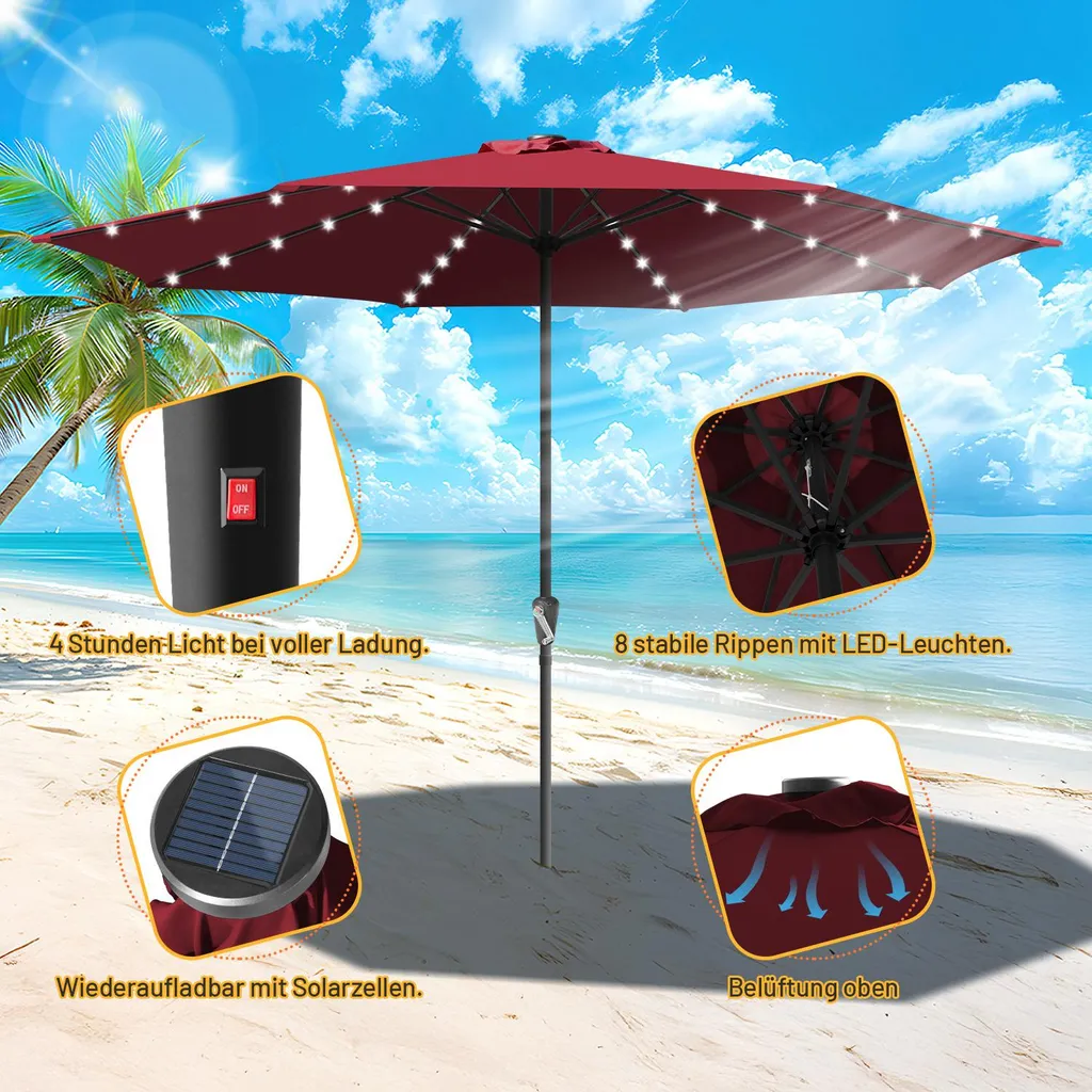Izrielar Ombrellone 3,5 m con Luci LED - Parasole Rosso per Terrazza - 6