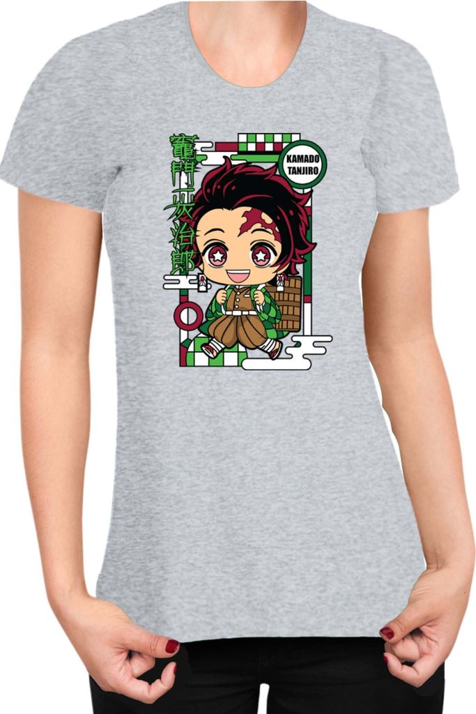 Damen T-Shirt Demon Anime Slayer Kimetsu No Yaiba Chibi Tanjiro Kamado, Lady M / Grau