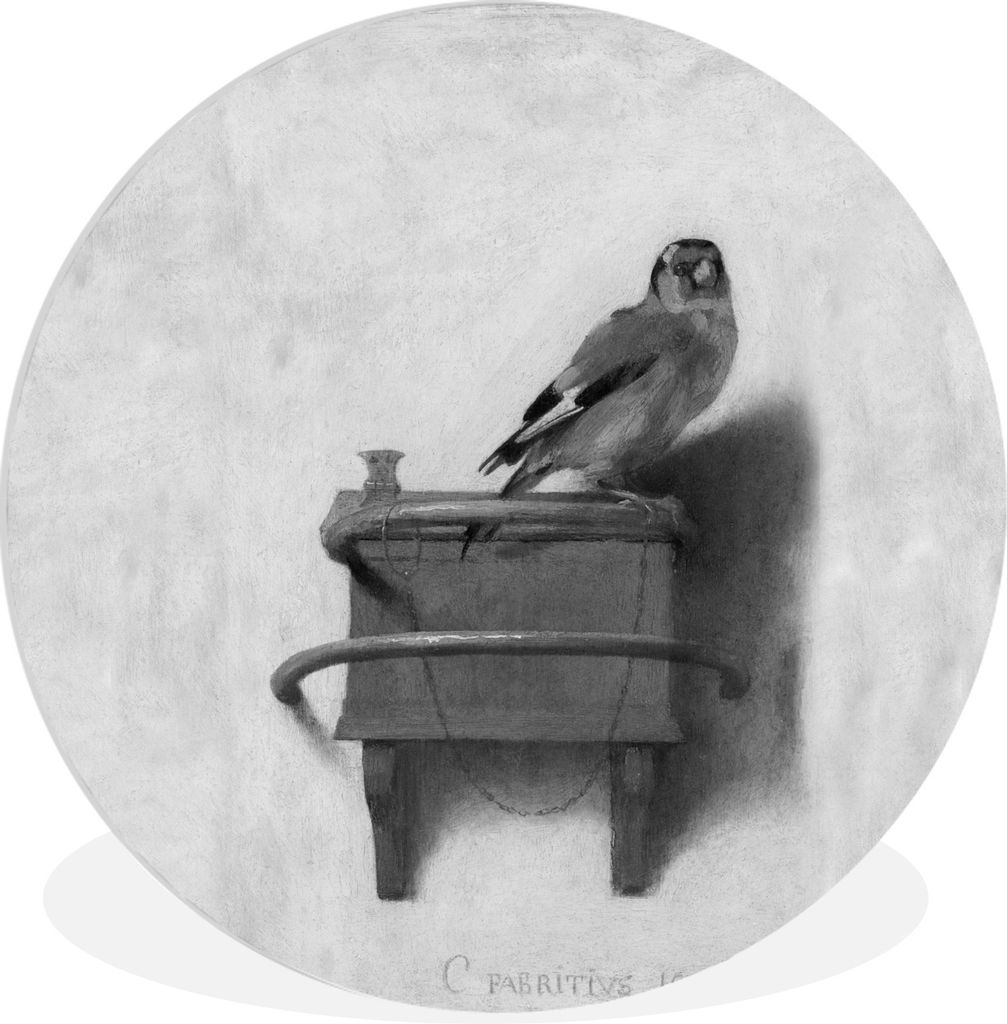 MuchoWow Rundes Wandbild - Runde Bilder Stieglitz - Alter Meister - Carel Fabritius - schwarz und weiß Ø 90 cm Kreis Wanddekoration Kunststoff ...