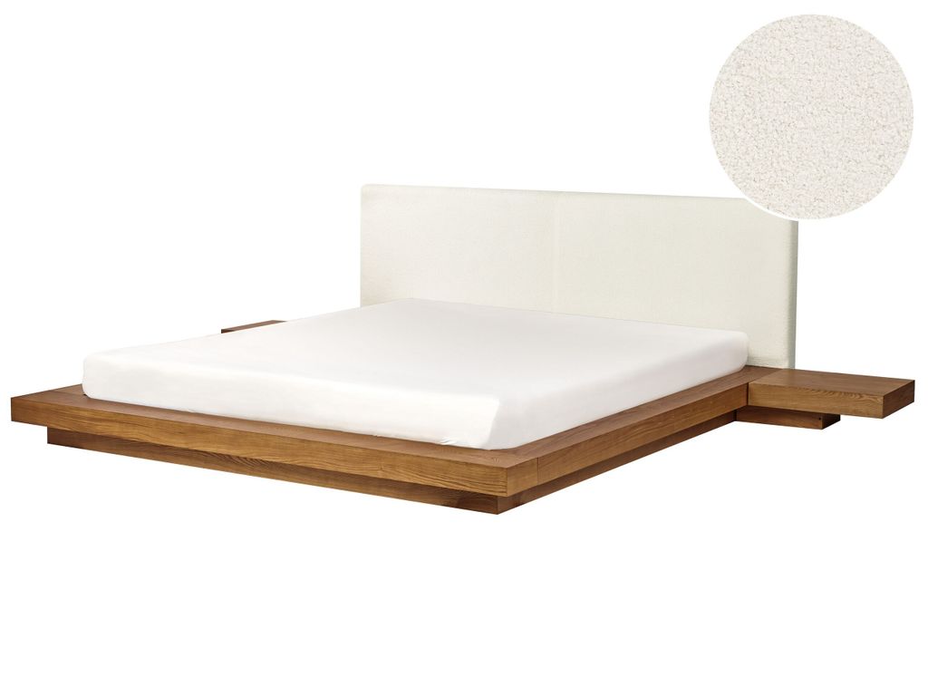 BELIANI Bett Weiß / Naturfarbene Esche Kunstleder MDF-Platten Holzfurnier Lattenrost 180x200 cm Nachttische Japanischer Stil Schlafzimmer Doppelbett