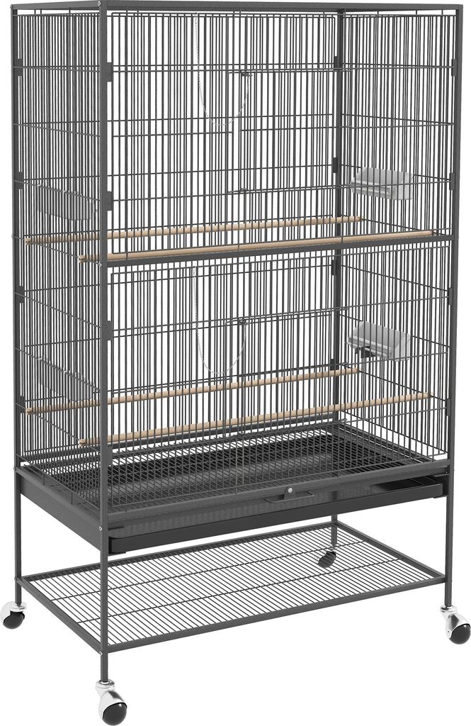 Vogelkäfig inklusive Sitzstangen, Vogelspielzeug, herausnehmbare Bodenwanne, 1 Ablage, Grau