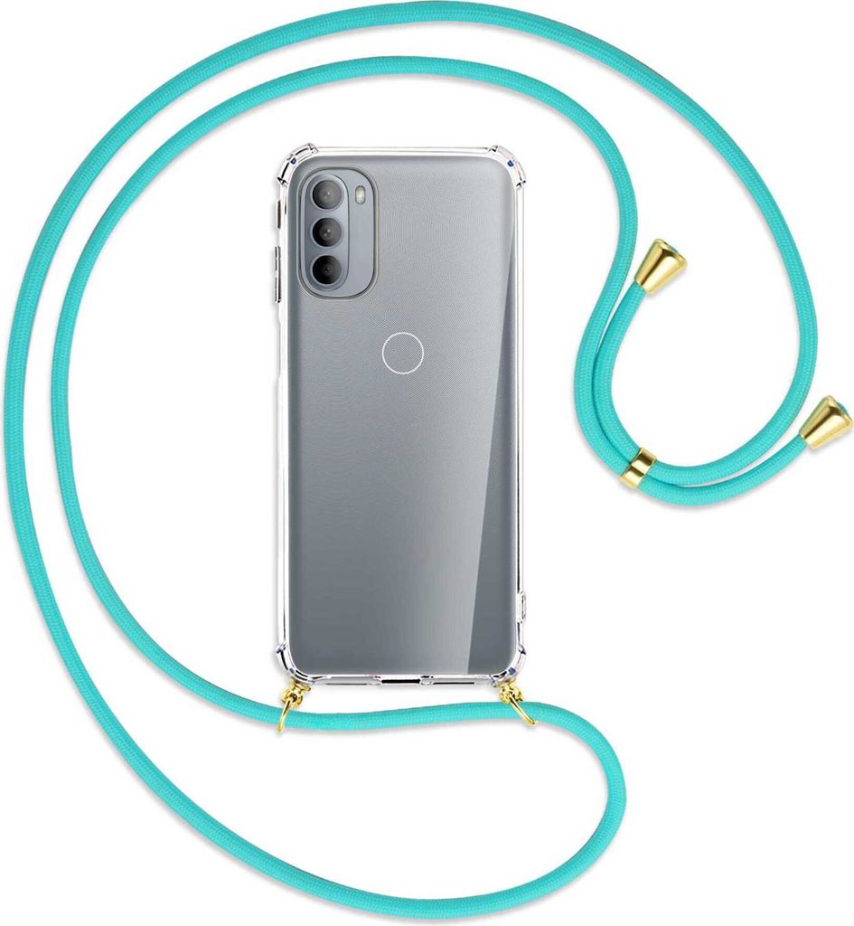 Handykette Backcover-Schutzhülle mit Band (Metall goldfarben) für Motorola Moto G31, Moto G41 - türkis