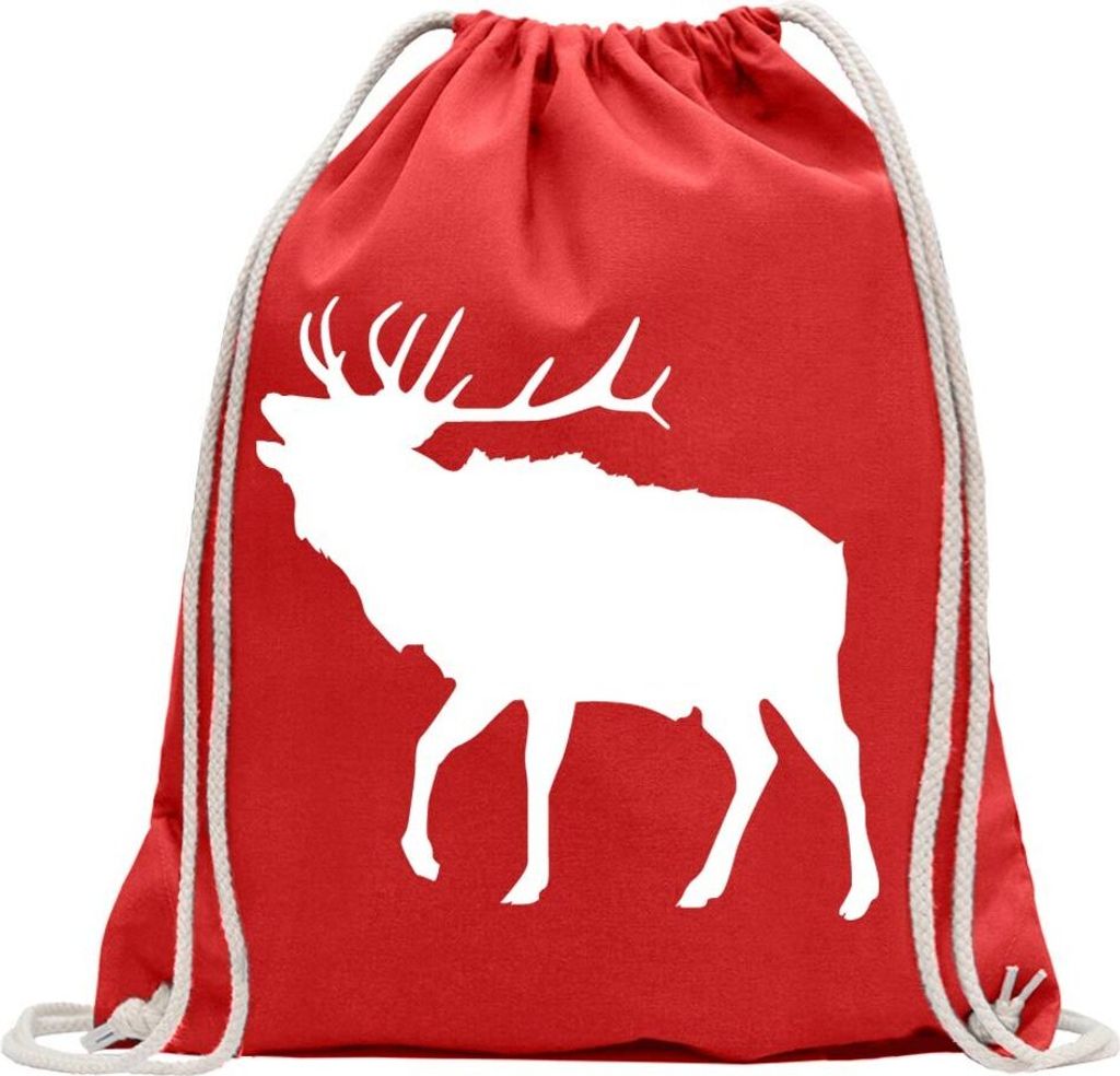 Kiwistar - Turnbeutel - rot - Hirsch Rentier Reh - Fun Rucksack Sport Beutel Gymsack Baumwolle mit Ziehgurt