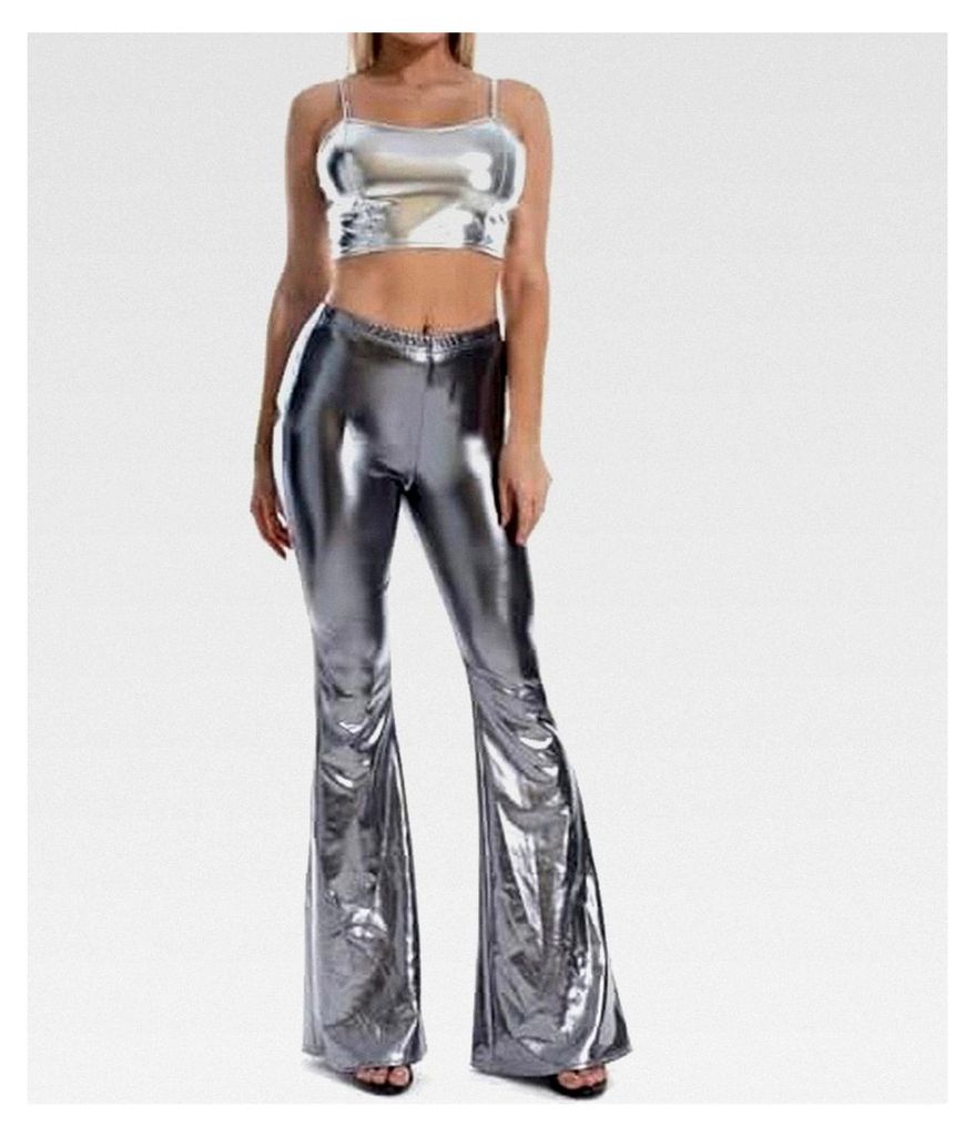 Damen Metallic Glänzende Schlaghose Weites Bein Palazzo Hosen Hoher Bund Boot Cut Glitzer Lange Glockenhose Schlanke Leggings Einfarbig Wet Look S...