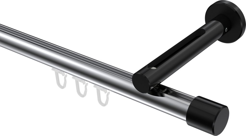 Interdeco Innenlaufstange / Gardinenstange mit Innenlauf Chrom / Schwarz, Typ Siteno Santo (Kappe), 20 mm Ø 1-läufig, 220 cm