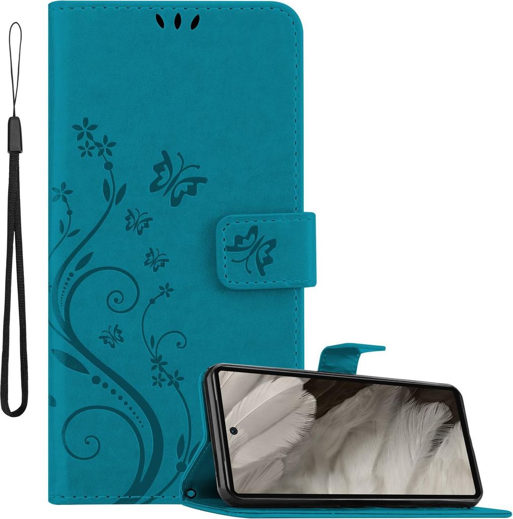 Cadorabo Hülle für Google Pixel 7A Hülle in FLORAL BLAU Schutzhülle im Blumen Design mit Magnetverschluss, Standfunktion und Kartenfächern Boo...