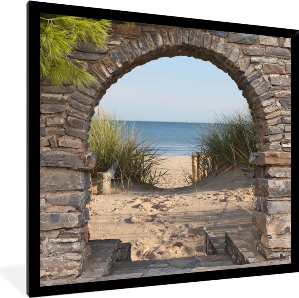 MuchoWow Gerahmtes Poster Aussicht - Strand - Düne - Pflanzen 40x40 cm - Poster mit Schwarzem Bilderrahmen Wandposter Rahmen Foto Bilder - Mit R...