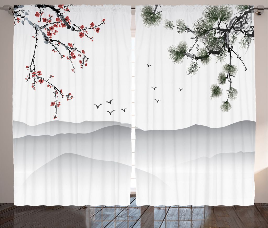 ABAKUHAUS Blumen Rustikaler Gardine, Chinesisch-Art-Grafik, Schlafzimmer Kräuselband Vorhang mit Schlaufen und Haken, 280 x 175 cm, Rot Grün Schwarz