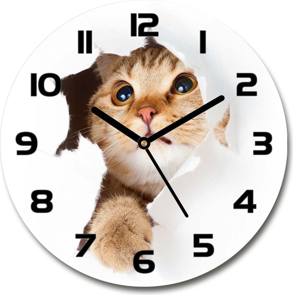 Wanduhr aus Glas 30fi Glasbild Glasuhr Gehärtetes Glas - schwarze-zeiger - Cat in the hole