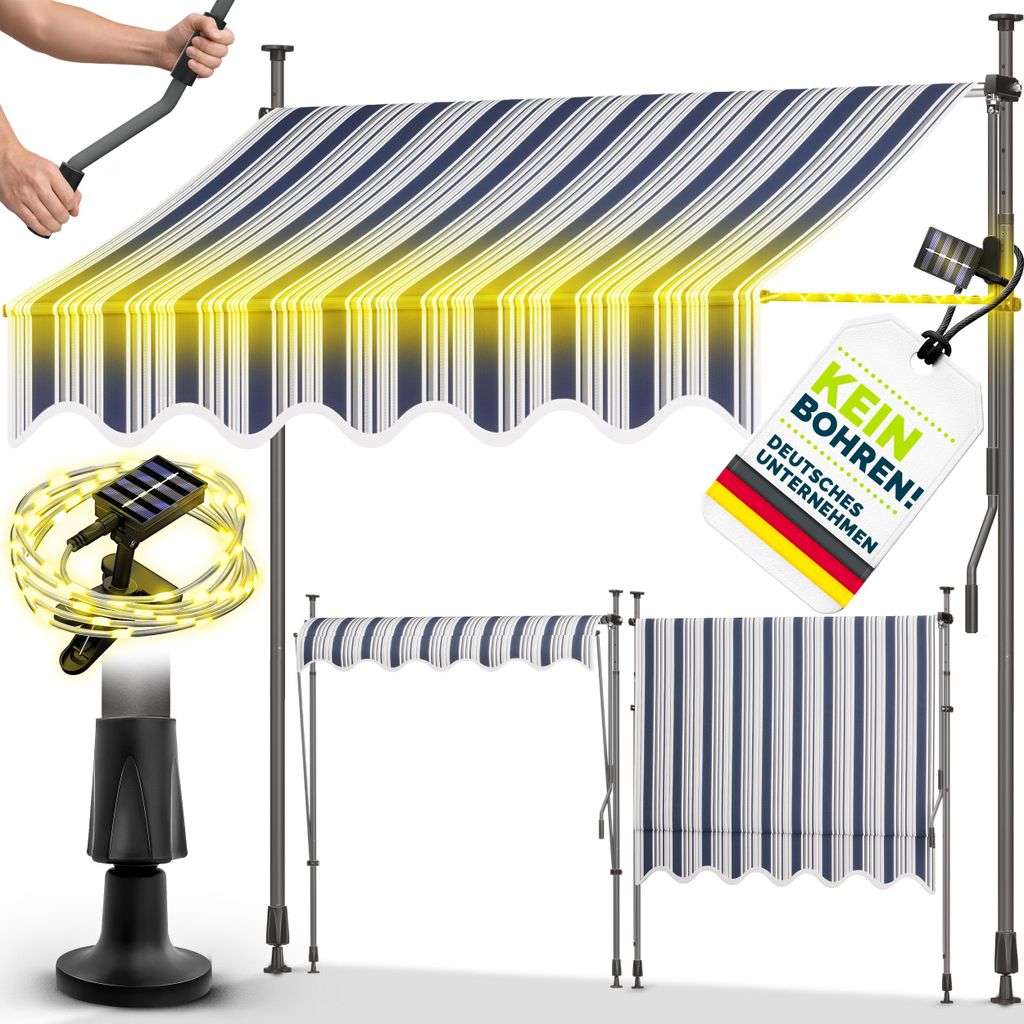 tillvex Klemmmarkise 400 cm Blau/Grau mit Solar LED mit Handkurbel Balkon | Balkonmarkise ohne Bohren | Markise UV-beständig & höhenverstellbar |...