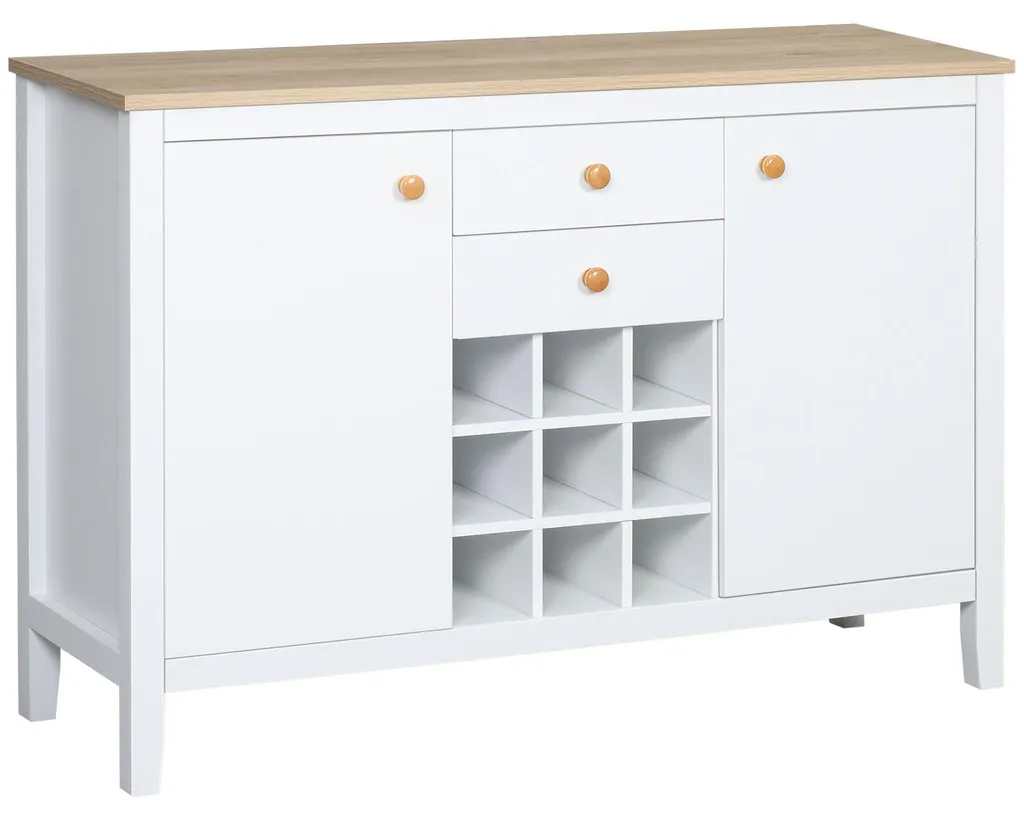 Buffet Blanc avec Rangement 2 Tiroirs et Casier 9 Bouteilles Intégré