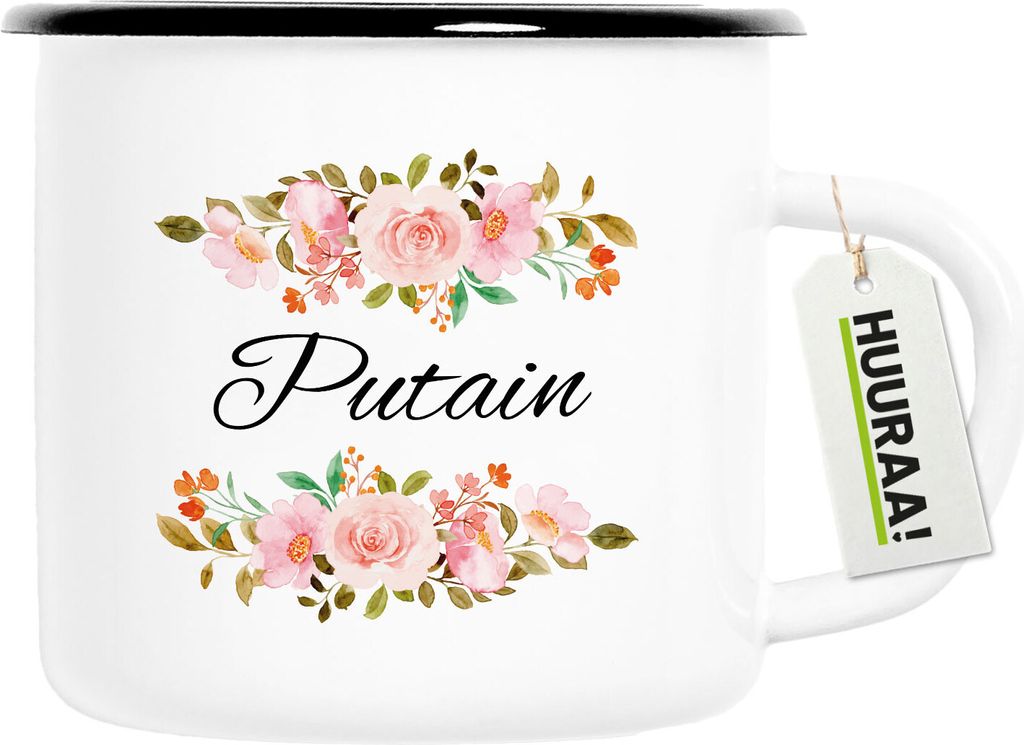 Huuraa Emaille Tasse Putain französisch Blumen 300ml Vintage Campingbecher Geschenkidee