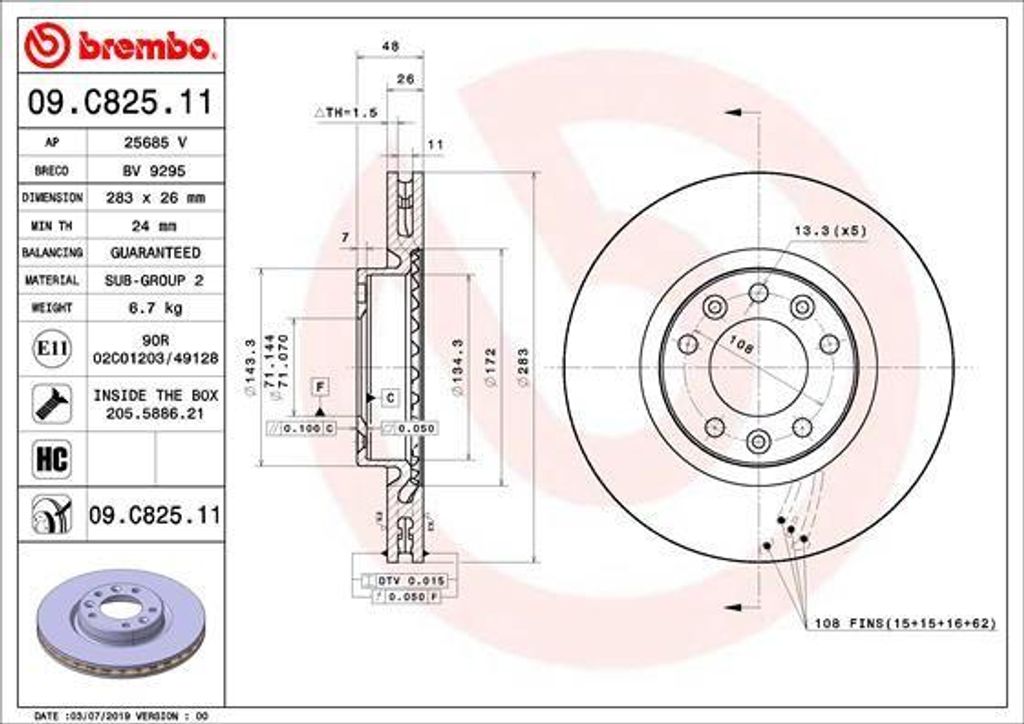 BREMBO 09.C825.11 Bremsscheibe OE 1642765080 kompatibel mit Rifter, Partner, Combo, C4, Berlingo