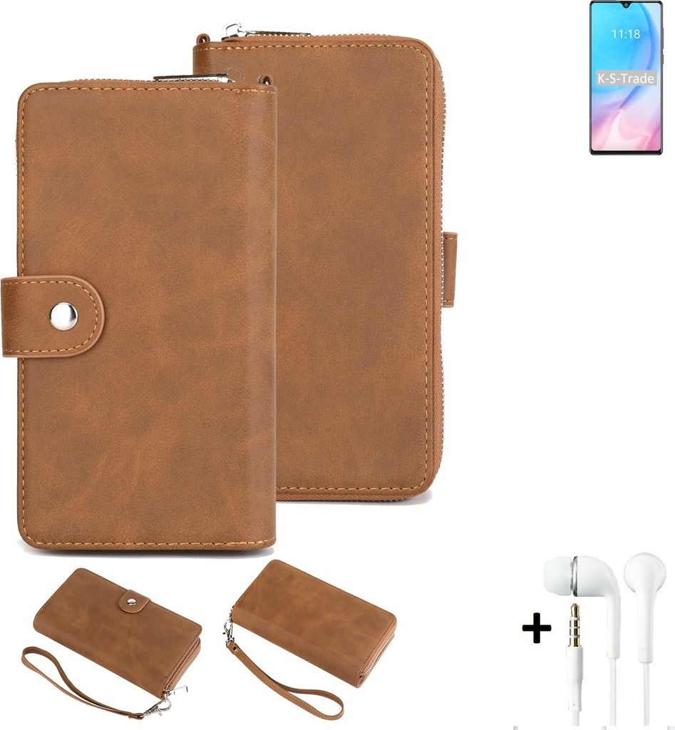 K-S-Trade Handy Schutz Hülle kompatibel mit Cubot J9 + Kopfhörer Portemonnee Tasche Wallet-Case Bookstyle-Etui braun (1x)