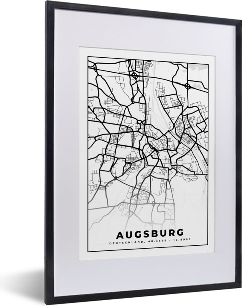 MuchoWow Gerahmtes Poster Karte - Augsburg - Stadtplan 30x40 cm - Poster mit Schwarzem Bilderrahmen Wandposter Rahmen Foto Bilder - Wandposter Sc...